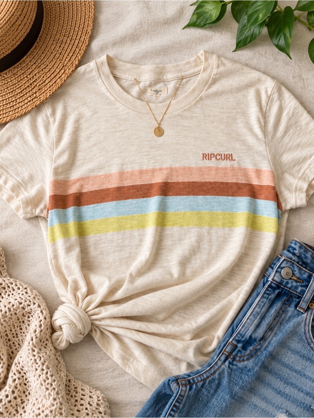 Rip Curl Twin Fin Rainbow Stripe Tee Small Cream Retro Surf
